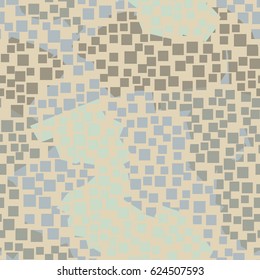 Seamless pattern. In the foreground is a grid of square holes located in the mess. In the background is shapeless spots arranged in a random order. Fashionable camouflage. Beige, blue, green.