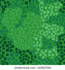 Seamless pattern. In the foreground is a grid of square holes located in the mess. In the background is shapeless spots arranged in a random order. Fashionable camouflage. The shades of green.