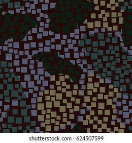 Seamless pattern. In the foreground is a grid of square holes located in the mess. In the background is shapeless spots arranged in a random order. Fashionable camouflage. Brown, blue, and khaki.