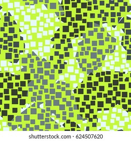 Seamless pattern. In the foreground is a grid of square holes located in the mess. In the background is shapeless spots arranged in a random order. Fashionable camouflage. Green, gray, white.