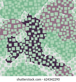 Seamless pattern. In the foreground small squares located in the mess. In the background is shapeless spots arranged in a random order. Pink, purple, green, white.