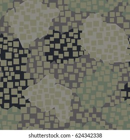 Seamless pattern. In the foreground small squares located in the mess. In the background is shapeless spots arranged in a random order. Gray, beige, green, black.