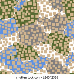 Seamless pattern. In the foreground small squares located in the mess. In the background is shapeless spots arranged in a random order. Green, beige, gray, white.