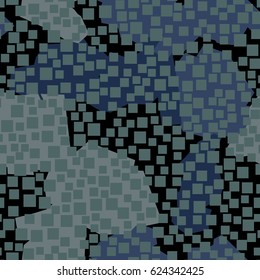 Seamless pattern. In the foreground small squares located in the mess. In the background is shapeless spots arranged in a random order. Black, blue, gray, green.