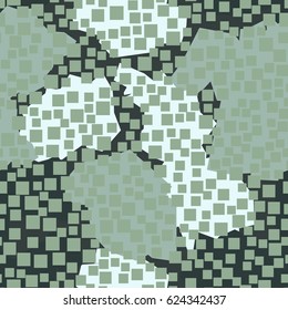 Seamless pattern. In the foreground small squares located in the mess. In the background is shapeless spots arranged in a random order. Green-grey, khaki, white.