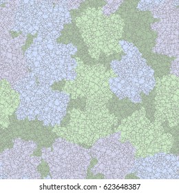 Seamless pattern. In the foreground is the small wire squares built randomly. In the background scattered spots of irregular shape. Fashionable camouflage. Green, gray, blue.