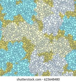 Seamless pattern. In the foreground is the small wire squares built randomly. In the background scattered spots of irregular shape. Fashionable camouflage. Black, yellow, blue.
