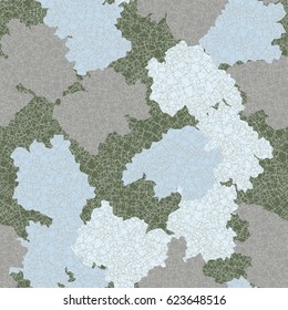 Seamless pattern. In the foreground is the small wire squares built randomly. In the background scattered spots of irregular shape. Fashionable camouflage. Green, white, beige gray.