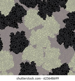 Seamless pattern. In the foreground is the small wire squares built randomly. In the background scattered spots of irregular shape. Fashionable camouflage. Black, beige, gray.