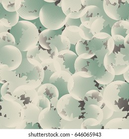 Seamless pattern. In the foreground translucent balls. In the background spots of irregular shape. The pastel shades. Beige-gray, green-gray, gray.