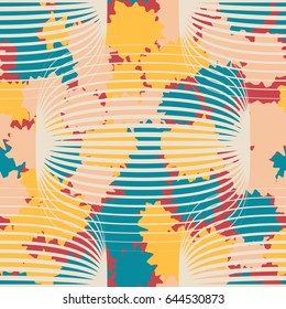 Seamless pattern. In the foreground translucent rounded rectangles. In the background spots of irregular shape. The pastel shades. Blue, yellow tones, pink, red-brown.