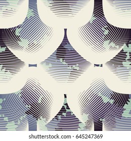 Seamless pattern. In the foreground translucent rounded rectangles. In the background spots of irregular shape. Gray-green-purple tones, pale yellow.