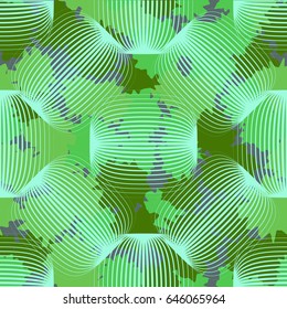 Seamless pattern. In the foreground translucent rounded rectangles. In the background spots of irregular shape.  Green tones, gray.