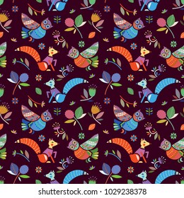 Seamless pattern. Forest animals among flowers. Owls and foxes in a forest glade.