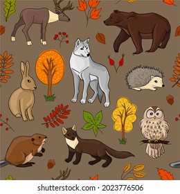 seamless pattern forest animals and autumn leaves