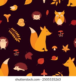 Seamless pattern with forest animals and autumn leaves. Pattern for wrapping paper or fabric.