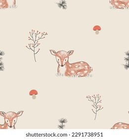 Seamless pattern with forest animals bambi bird's. Hand drawn vector illustration. Can be used for kids fabric, textile, nursery wallpaper.