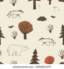 Seamless Pattern with forest animals, birds, and plant wolf, bear, crow. Hand drawn vector illustration .