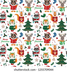 Seamless pattern with forest animals and Christmas items on white background. Vector illustration for your design
