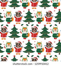 Seamless pattern with forest animals and Christmas items. Vector illustration for your design