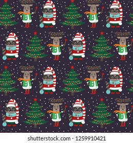 Seamless pattern with forest animals and Christmas items. Vector illustration for your design