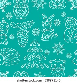 Seamless pattern with forest animals and Christmas accessories: snowflake, fir-cone, fir-tree, rabbit, owl, bear, hedgehog, squirrel
