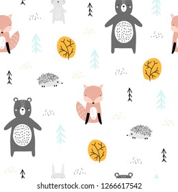 Seamless pattern with forest animals. Cute kids print. Vector hand drawn illustration.