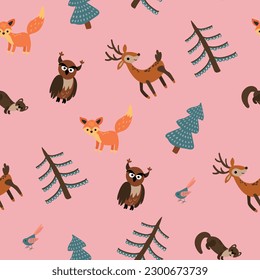 Seamless pattern with forest animals. Design for fabric, textile, wallpaper, packaging.