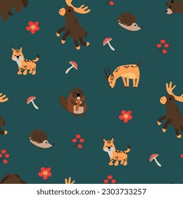 Seamless pattern with forest animals. Elk, deer, roe deer, hedgehog, beaver, lynx. Design for fabric, textile, wallpaper, packaging.	