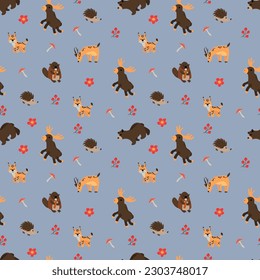 Seamless pattern with forest animals. Elk, deer, roe deer, bear,  hedgehog, beaver, lynx. Design for fabric, textile, wallpaper, packaging.