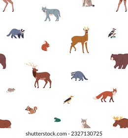 Patrón sin foco, animales del bosque. Fondo infinito, repitiendo la impresión con oso, alce, ciervo, lobo y lince. Especies de fauna, fondo repetible para textiles, tela, papel pintado. Ilustración vectorial plana