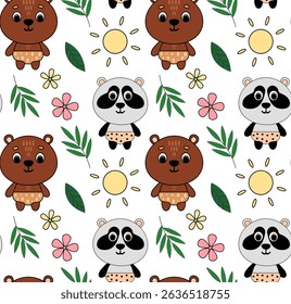 Seamless pattern with forest animals in flat style. Image with bear, panda, sun, flowers and leaves. Vector children s pattern