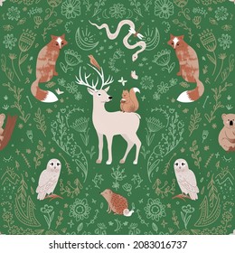 Seamless pattern with forest animals and floral hand drawn elements. Seamless childish pattern with cute deer, hedgehogs, fox in the wood. Summer kid print in scandinavian style for fabric, wrapping, 