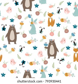 Seamless pattern with forest animals and floral elements. Vector hand drawn illustration.