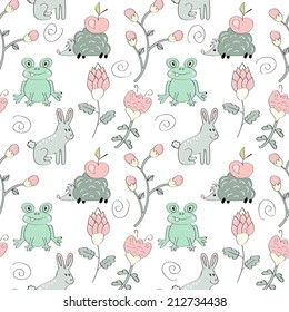 Seamless pattern with forest animals and flowers.