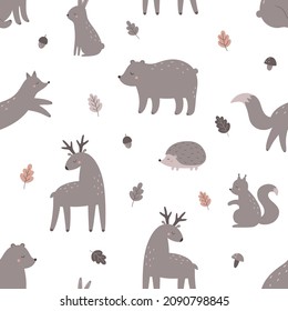 Seamless pattern with forest animals. Fox, hare, bear, hedgehog, deer, squirrel. Vector illustration for printing on fabric, wrapping paper, clothes