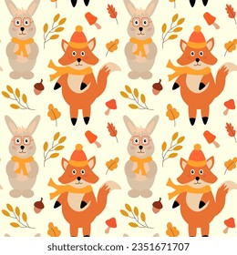 Seamless pattern with forest animals - fox with hat and scarf, hare with glasses. Leaves, acorns and mushrooms. Vector illustration for fabric, texture, wallpaper, poster, postcard. Autumn design.