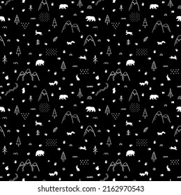 Seamless pattern with forest animals. Hand drawn background. Woodland life. Vector illustration