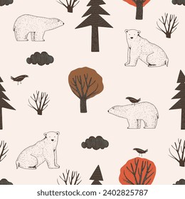 Seamless Pattern with forest animals. Hand drawn vector illustration