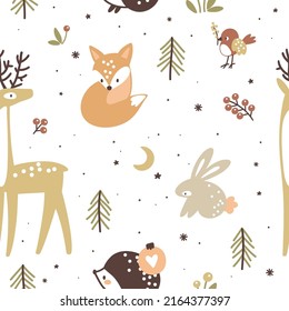 Seamless pattern with forest animals, kids illustration