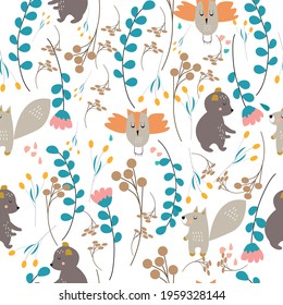 Seamless pattern of forest animals like bear, owl and squirrel as well as forest flowers and plants. Vector illustration on white background. 