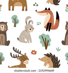 Seamless pattern with forest animals and nature on a white background. Vector illustration for nursery and textile decoration