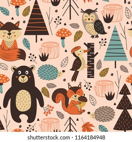 seamless pattern with forest animals on pink background Scandinavian style - vector illustration, eps