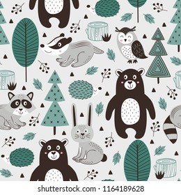 seamless pattern with forest animals on gray background Scandinavian style - vector illustration, eps