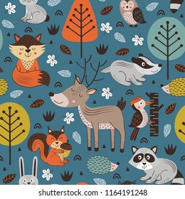 seamless pattern with forest animals on blue background Scandinavian style- vector illustration, eps