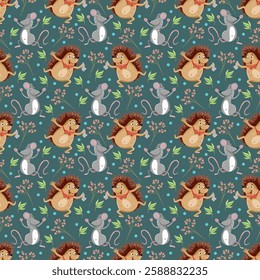 Seamless pattern with forest animals on dark background 