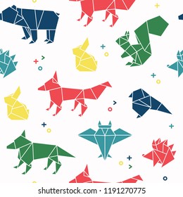 Seamless pattern of forest animals in origami style. Bear, rabbit, squirrel, hedgehog, fox, bird, wolf, owl and rat repetition background.Vector illustration.