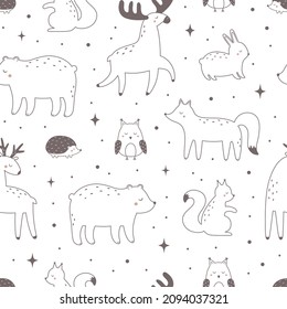 Seamless Pattern With Forest Animals. Outline Of A Fox, Owl, Moose, Bear, Hare, Squirrel, Deer. Vector Illustration For Printing On Fabric, Clothing, Wrapping Paper