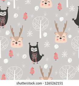 Seamless pattern with forest animals, owl, deer, birds. For printing on textiles and paper. Hand-drawn. Scandinavian style.