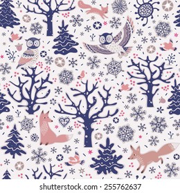 Seamless pattern with forest animals. Owls, foxes, squirrel, birds, trees and snowflakes. Winter background.